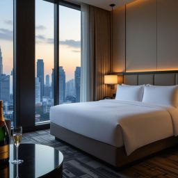 Luxury hotel room in Kuala Lumpur with city view, champagne, and a comfortable bed.