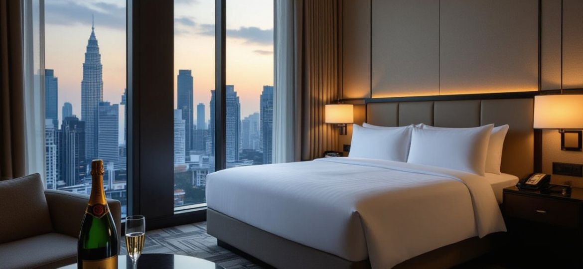 Luxury hotel room in Kuala Lumpur with city view, champagne, and a comfortable bed.