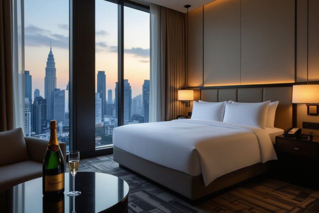 Luxury hotel room in Kuala Lumpur with city view, champagne, and a comfortable bed.