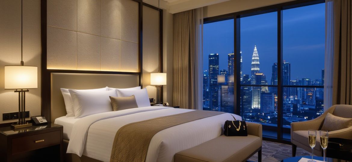 Luxury hotel room in Kuala Lumpur with a city view, featuring a comfortable bed and a modern design.