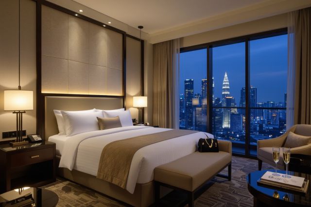 Luxury hotel room in Kuala Lumpur with a city view, featuring a comfortable bed and a modern design.