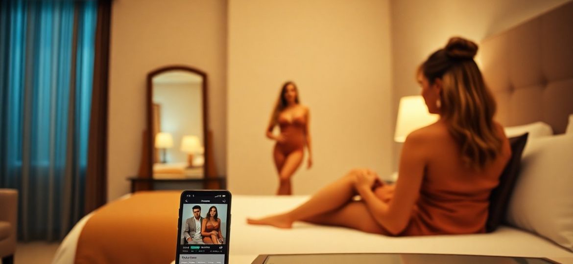 Woman relaxes in hotel room, watching a romantic video on her phone. Modern hotel interior.