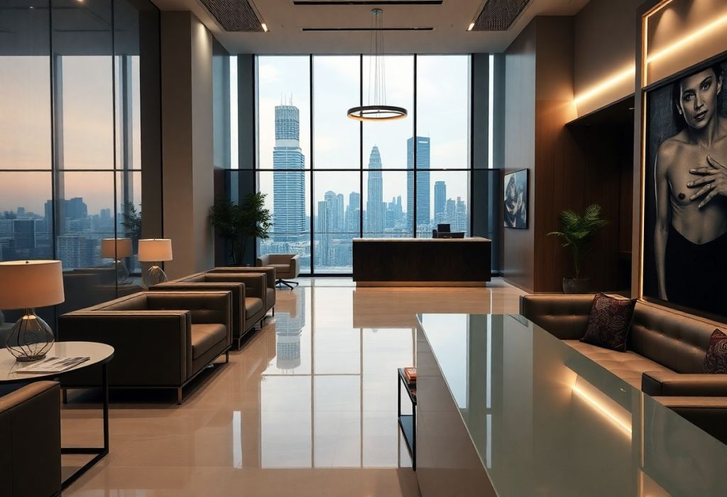 Modern office lobby with city skyline view, featuring stylish furniture and a sleek reception area.
