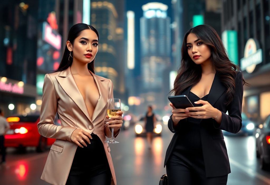Two stylish women in city at night. One holds wine, the other a phone.