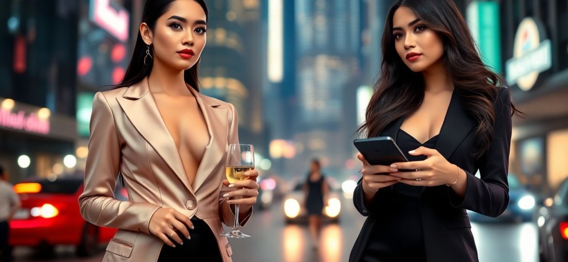 Two stylish women in city at night. One holds wine, the other a phone.