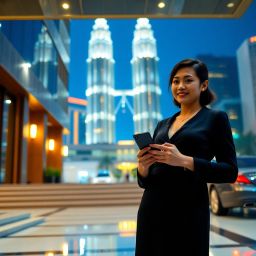 Asian businesswoman with phone in Kuala Lumpur, Petronas Towers in background.
