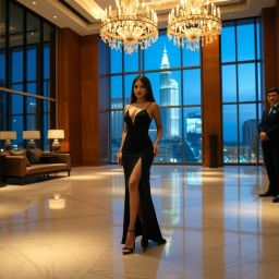 Woman in black gown standing in luxurious hotel lobby with chandeliers and city view.