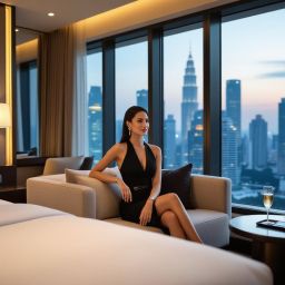 Woman in black dress sits in luxury hotel room overlooking Kuala Lumpur cityscape at dusk.