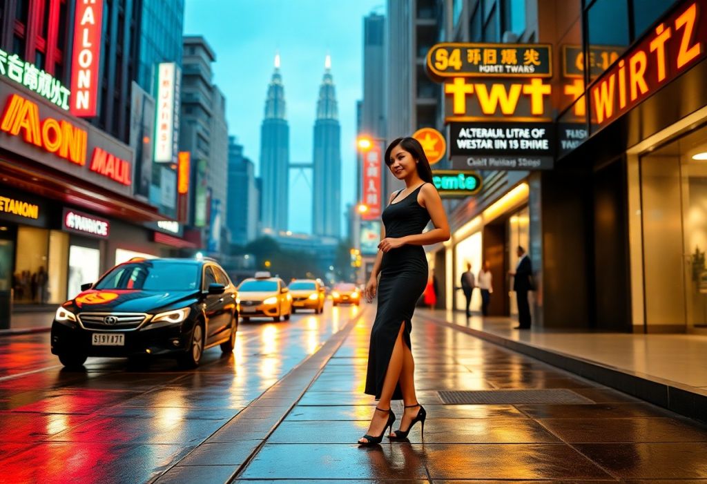 Woman in black dress on a Kuala Lumpur street with Petronas Towers in the background.