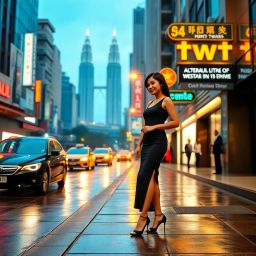 Woman in black dress on a Kuala Lumpur street with Petronas Towers in the background.