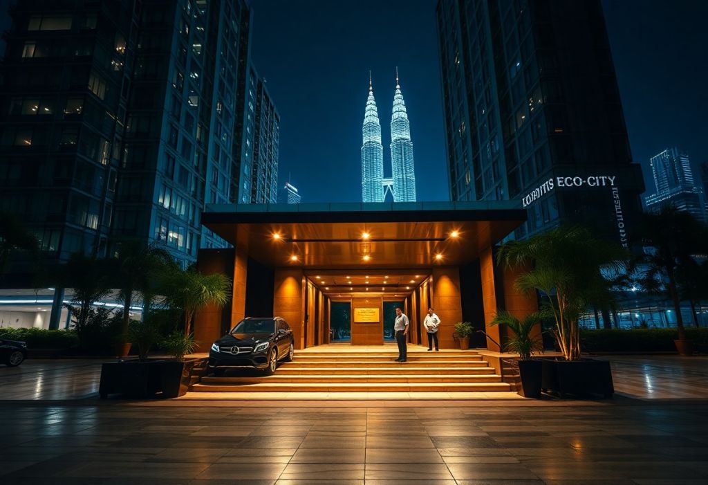Luxury hotel entrance at night with Petronas Towers in Kuala Lumpur, Malaysia.