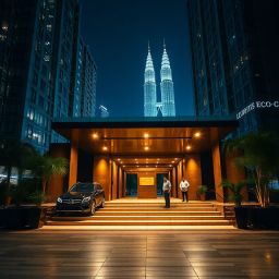 Luxury hotel entrance at night with Petronas Towers in Kuala Lumpur, Malaysia.