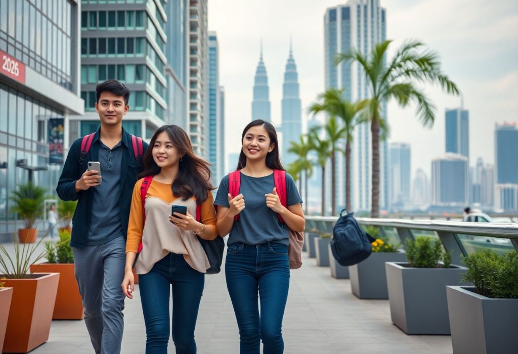 Three students walk in Kuala Lumpur with the Petronas Towers in the background.