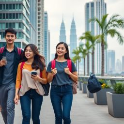 Three students walk in Kuala Lumpur with the Petronas Towers in the background.