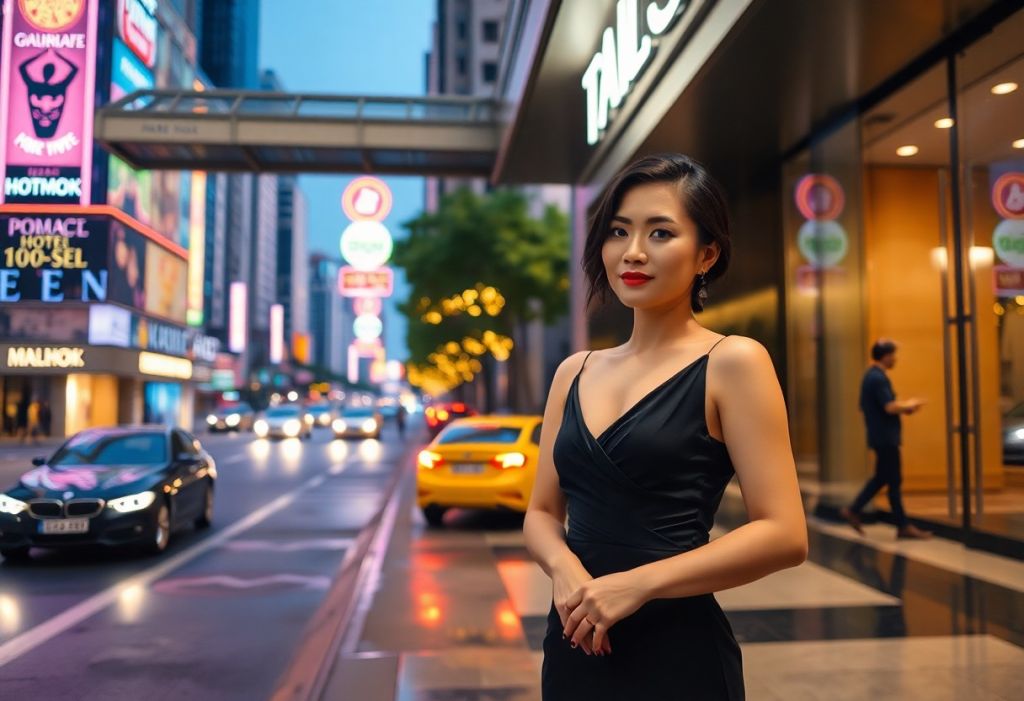 Elegant Asian woman in black dress on city street at night, with bright lights and passing cars.