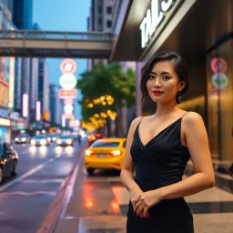 Elegant Asian woman in black dress on city street at night, with bright lights and passing cars.
